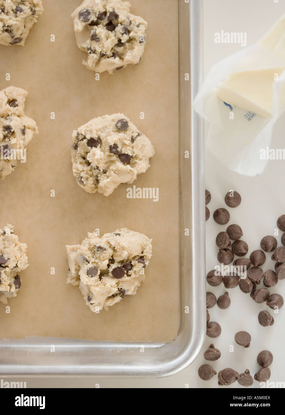 High angle view of cookie dough on sheet pan Stock Photo