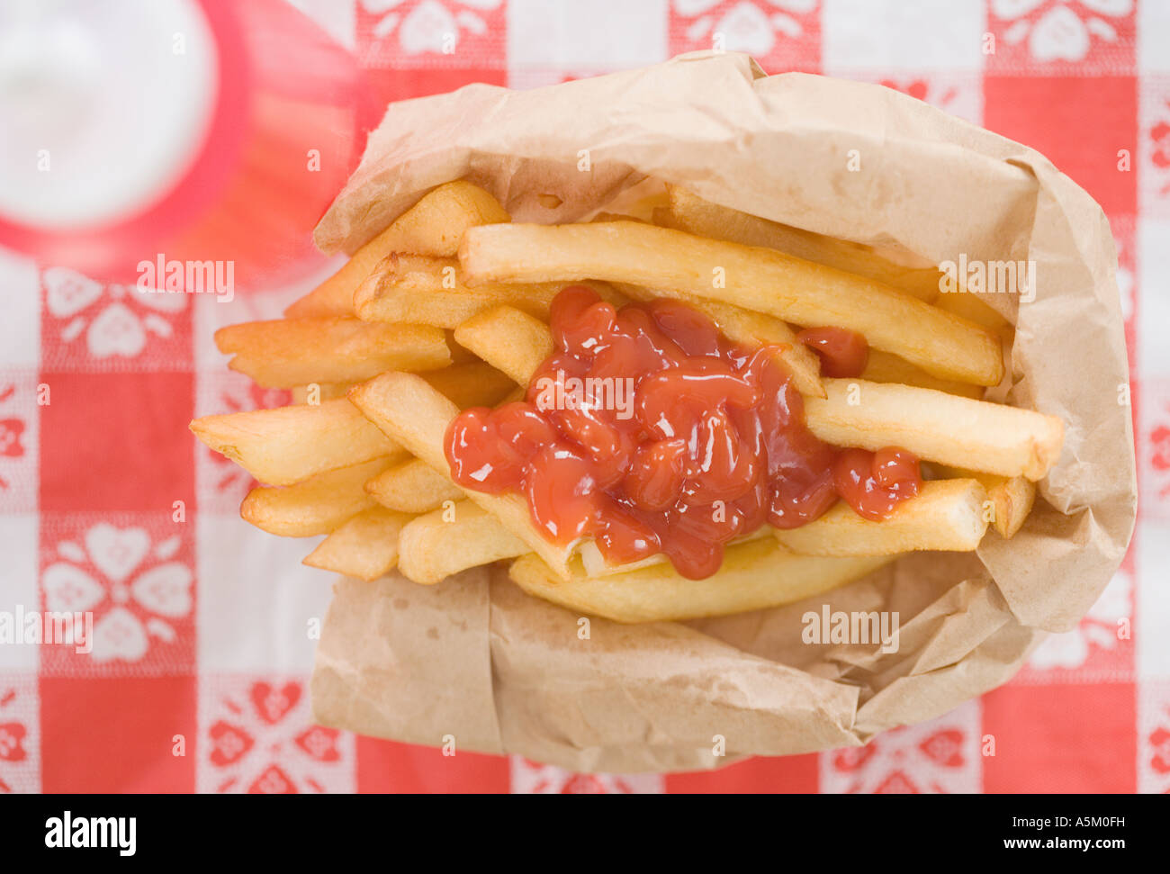 High angle view of French fries and ketchup Stock Photo