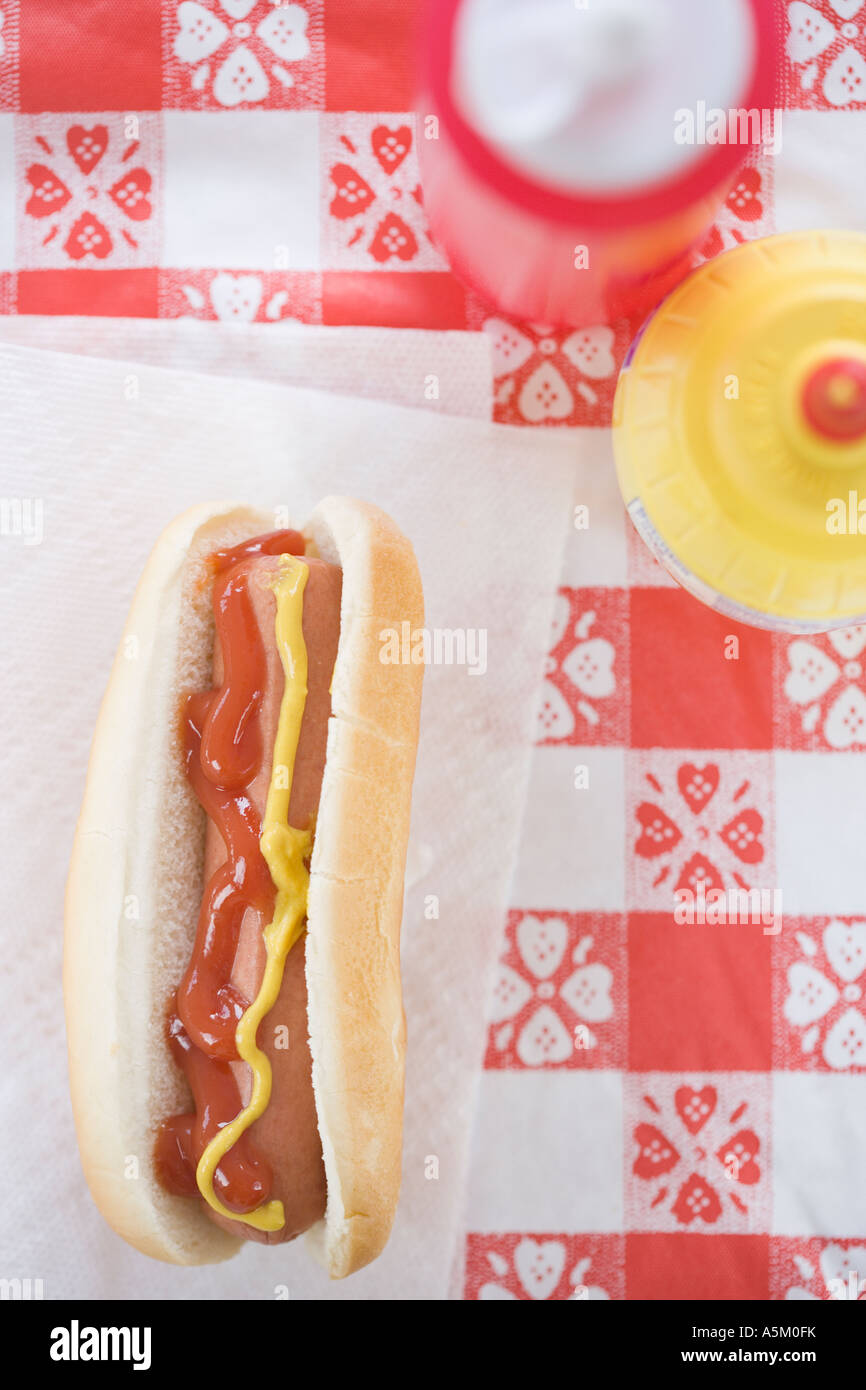 High angle view of hot dog with ketchup and mustard Stock Photo