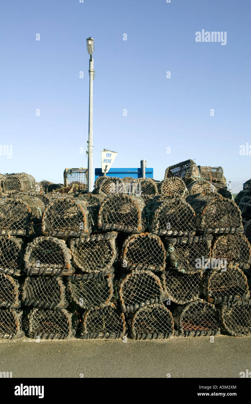 Crab pots fill a car park in Padstow, Cornwall Stock Photo Alamy