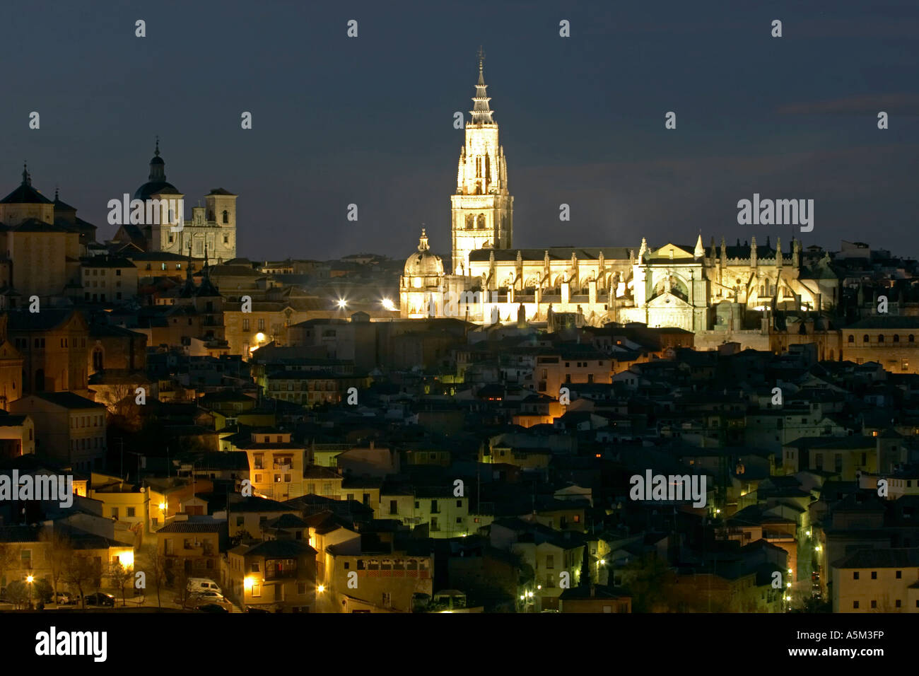 Nightime view of Toledo from the other side of the Tajo river, featuring the Cathedral. Vista nocturna de Toledo desde el otro Stock Photo