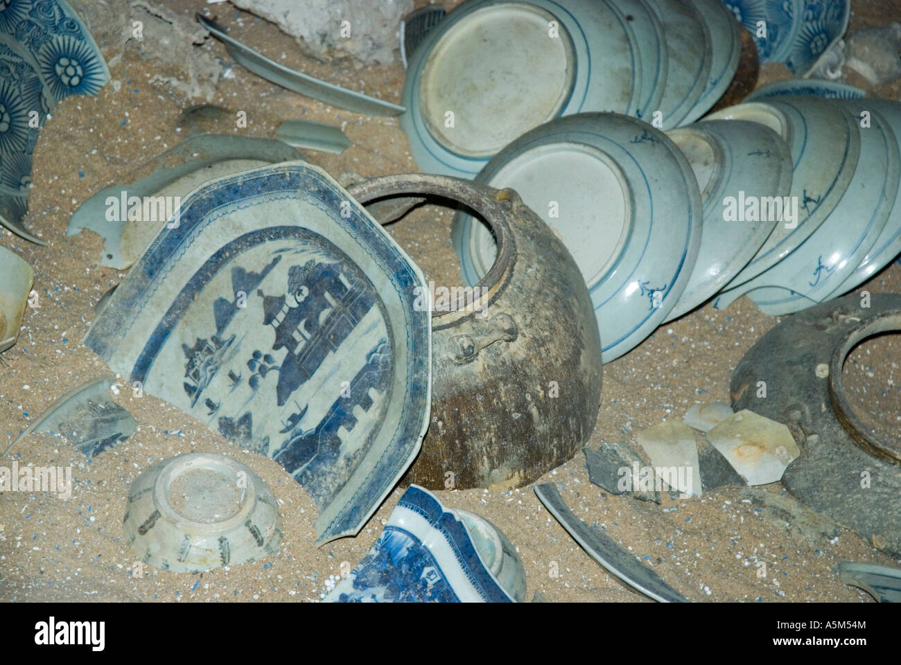 Blue china dishes recovered from a 17th Century Portuguese shipwreck on display in the Maritime Museum Malacca Malaysia Stock Photo
