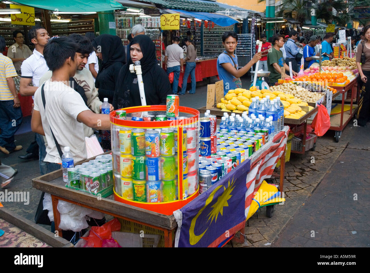 Drink fruit and food stalls off Petaling Street market in central Kuala