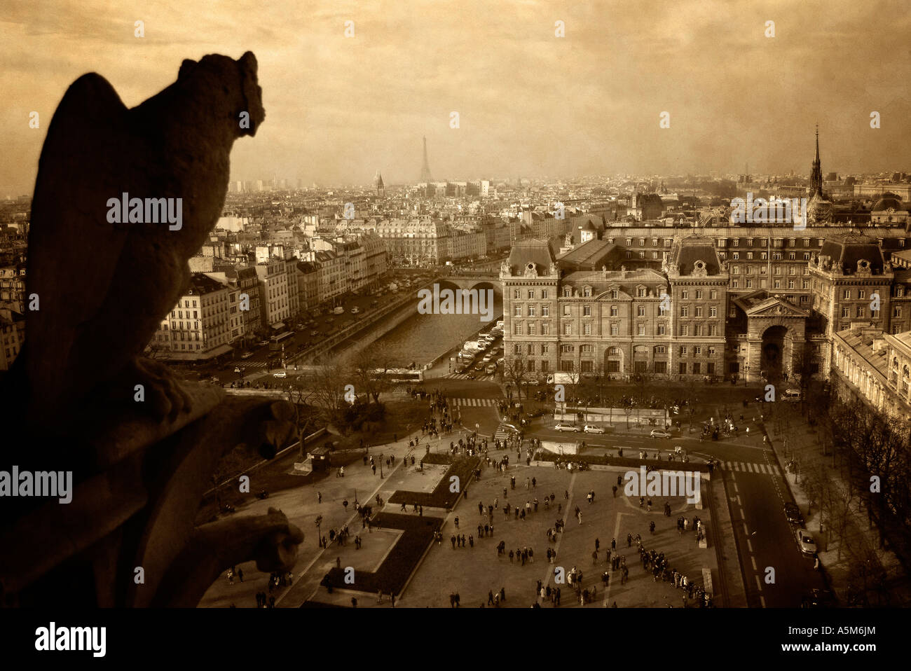 A vintage view of the Paris skyline from the upper tower of the Notre Dame Cathedral. Stock Photo