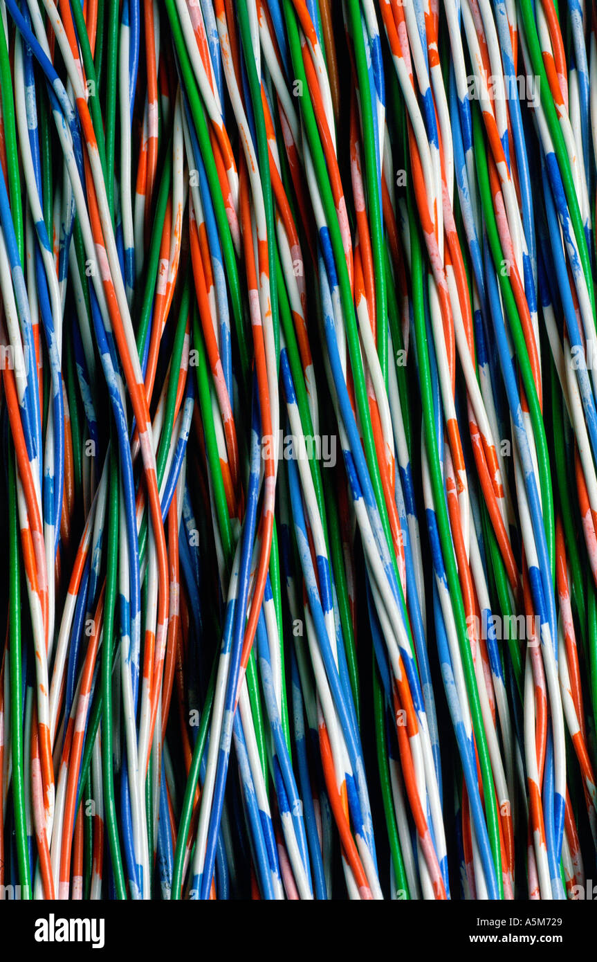Communication wires at telecommunication office Stock Photo