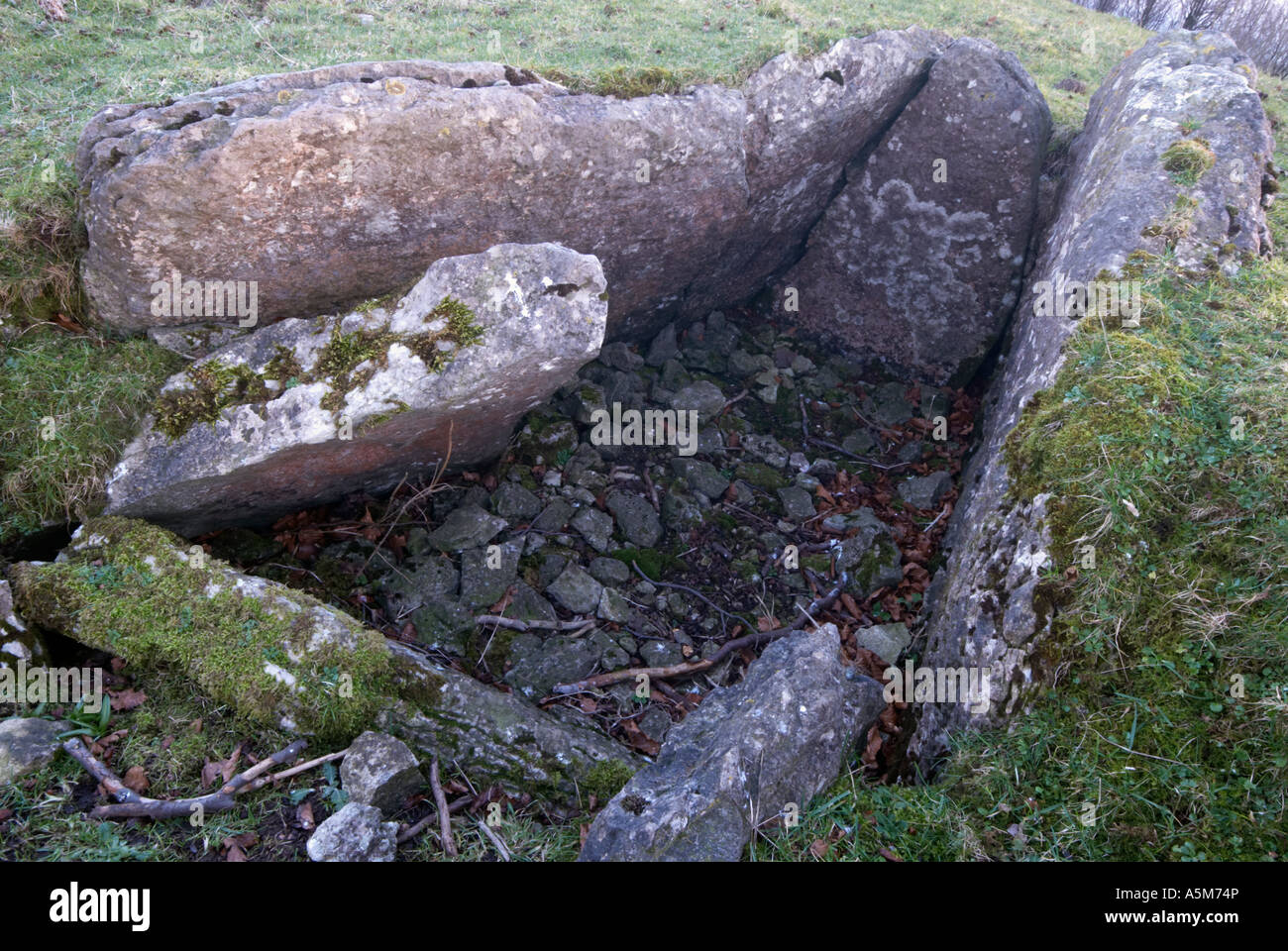 An open empty burial chambered cairn  on 'Minning low' Hill   in Derbyshire 'Great Britain' Stock Photo