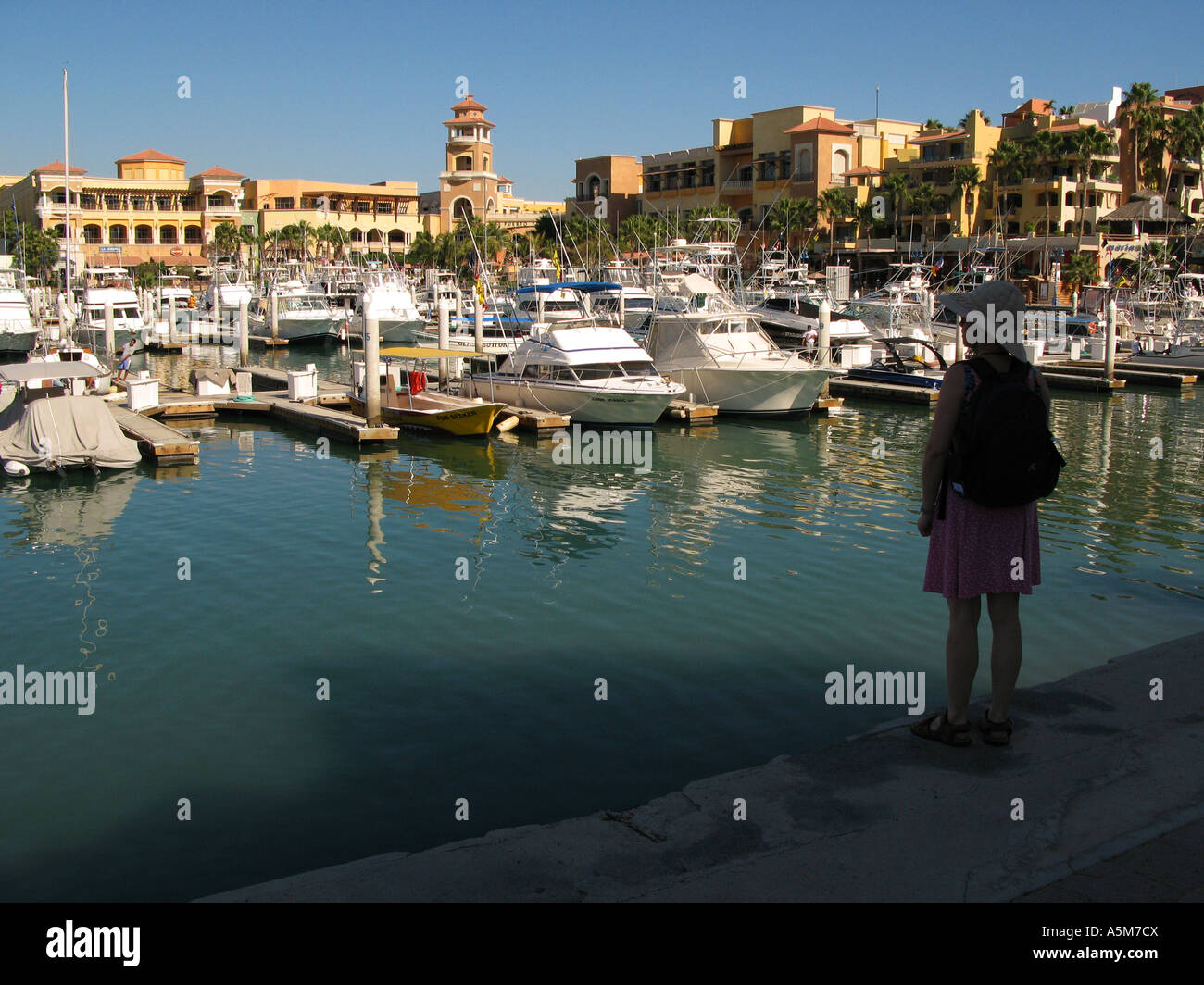 Tourist at Cabo San Lucas marina, Baja California, Mexico Stock Photo