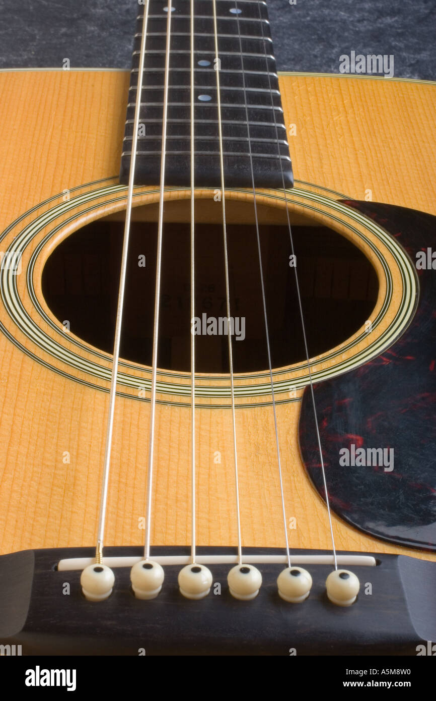 Close up of a Martin D 28 acoustic guitar showing the bridge strings