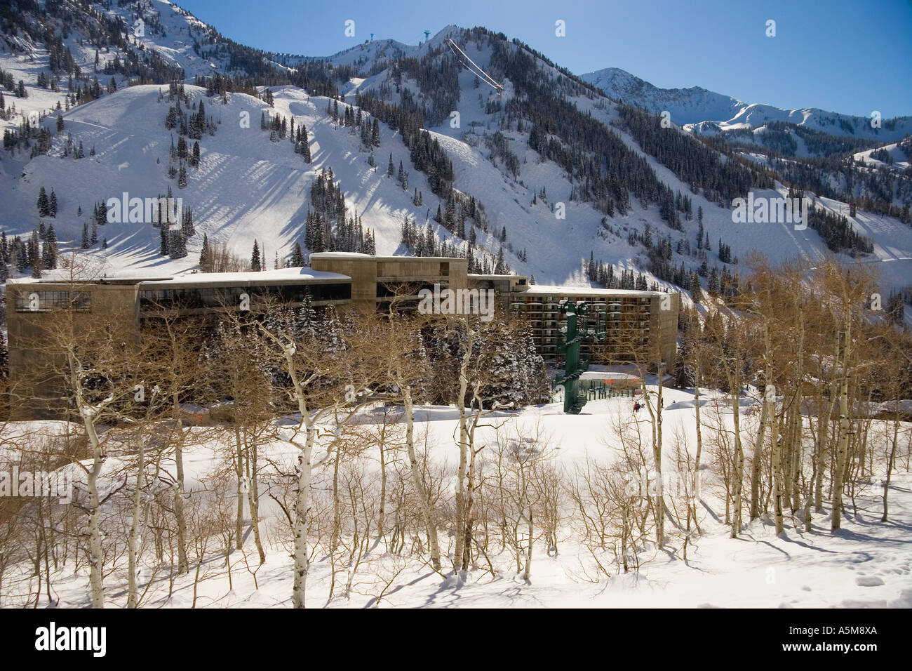 Cliff Lodge at Snowbird Ski Resort in Little Cottonwood Canyon Wasatch Mountains near Salt Lake City Utah Stock Photo