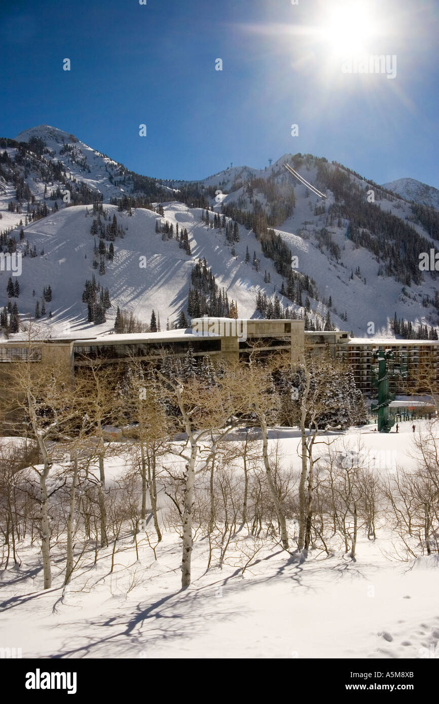 Cliff Lodge at Snowbird Ski Resort in Little Cottonwood Canyon Wasatch Mountains near Salt Lake City Utah Stock Photo