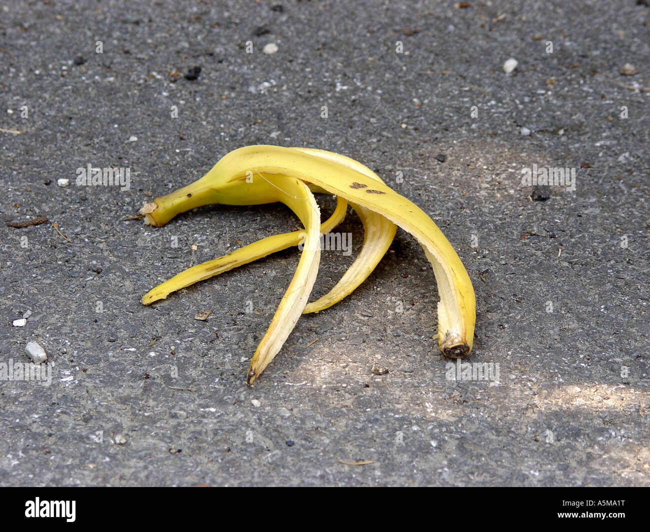 Bananenschale auf der Straße als Symbol für Ausrutschen Hinfallen usw Banana skin on the road as symbol for slipping falling dow Stock Photo