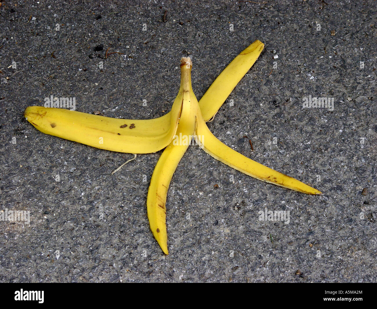 Bananenschale auf der Straße als Symbol für Ausrutschen Hinfallen usw Banana skin on the road as symbol for slipping falling dow Stock Photo