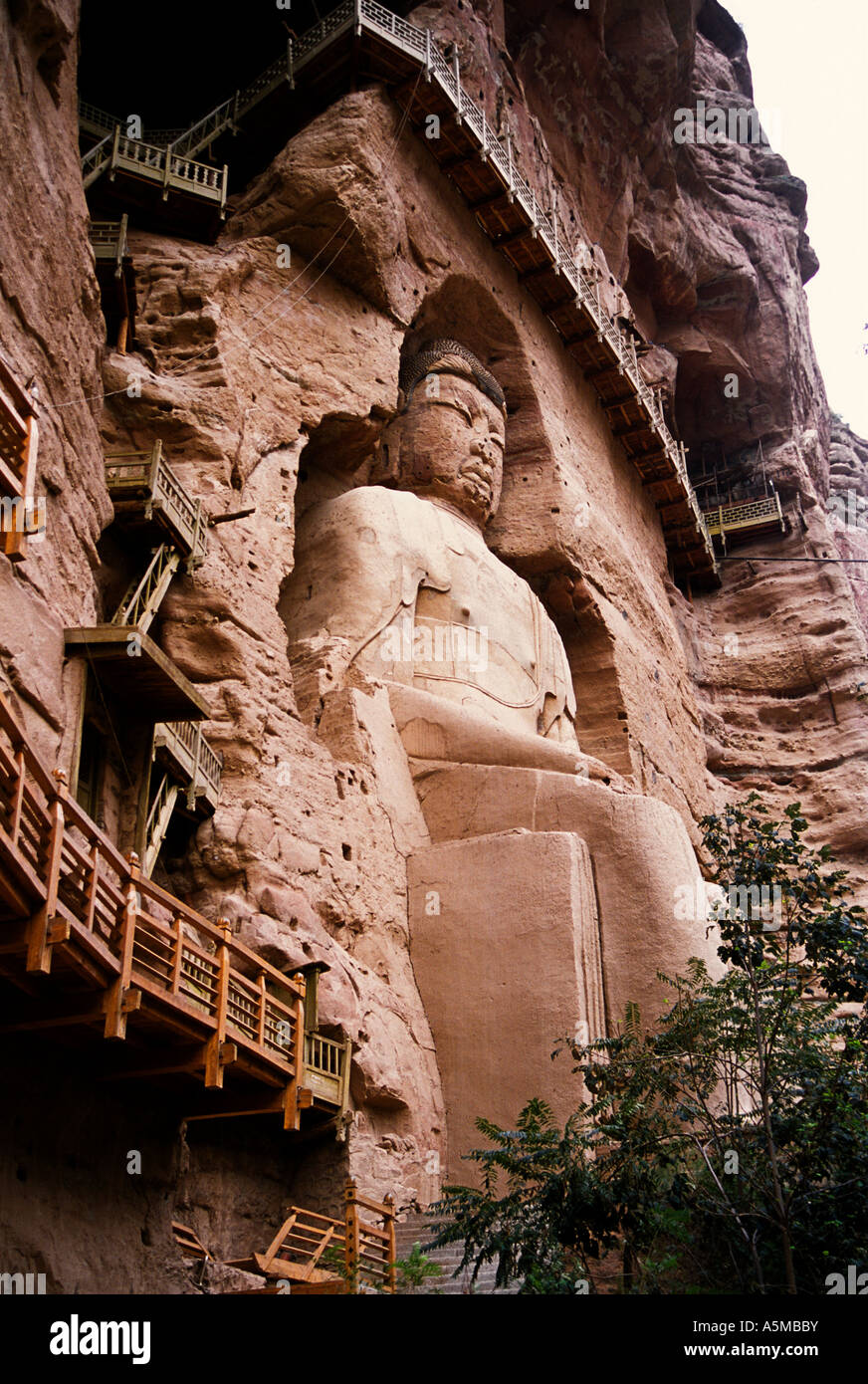 27 meter high Maitreya Buddha at Bingling Si caves Gansu, China Stock Photo