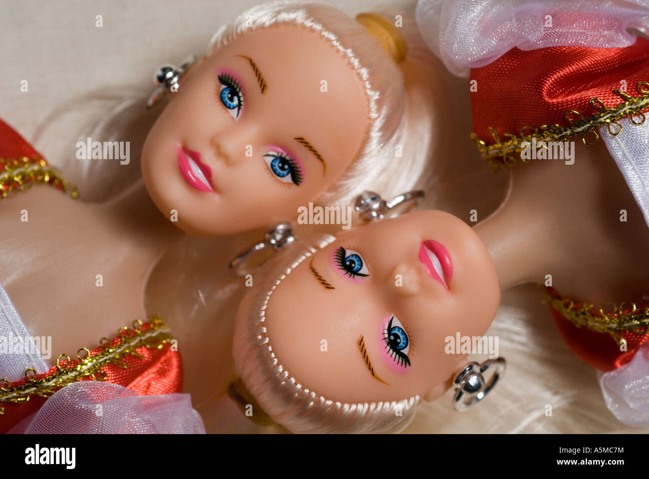 two dolls birds eye view in symetrical horozontal composition Stock Photo