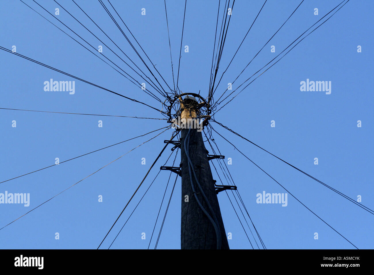 power lines against blue sky Stock Photo - Alamy