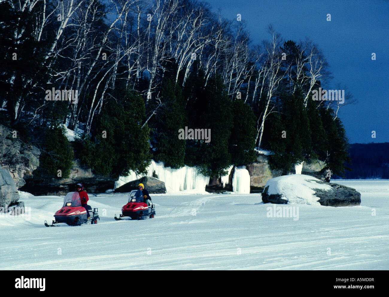 Snowmobiles on Upper Peninsula of Michigan at Grand Island on Lake
