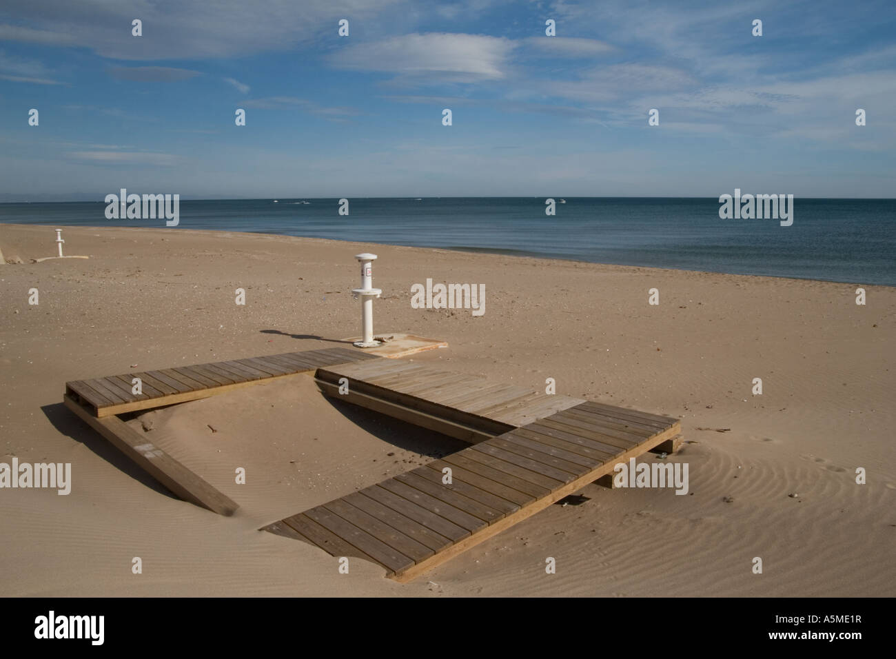 Cleaning facilities on a beach in Valencia. Stock Photo