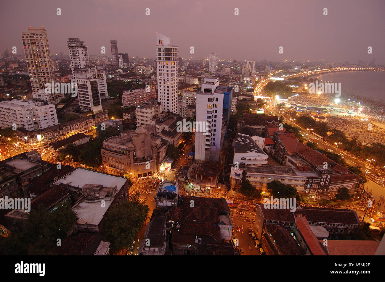 aerial of Mumbai skyline buildings late evening dusk after sunset Bombay Maharashtra India Stock Photo