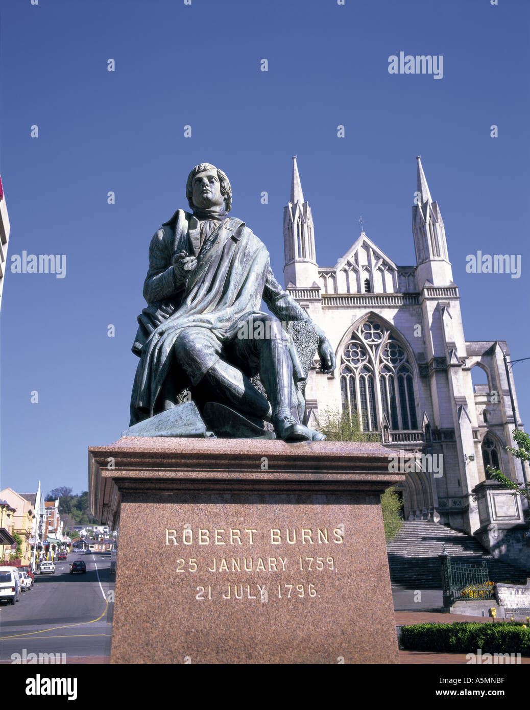 Robert Burns statue in front of cathedral at Dunedin Otago South Island