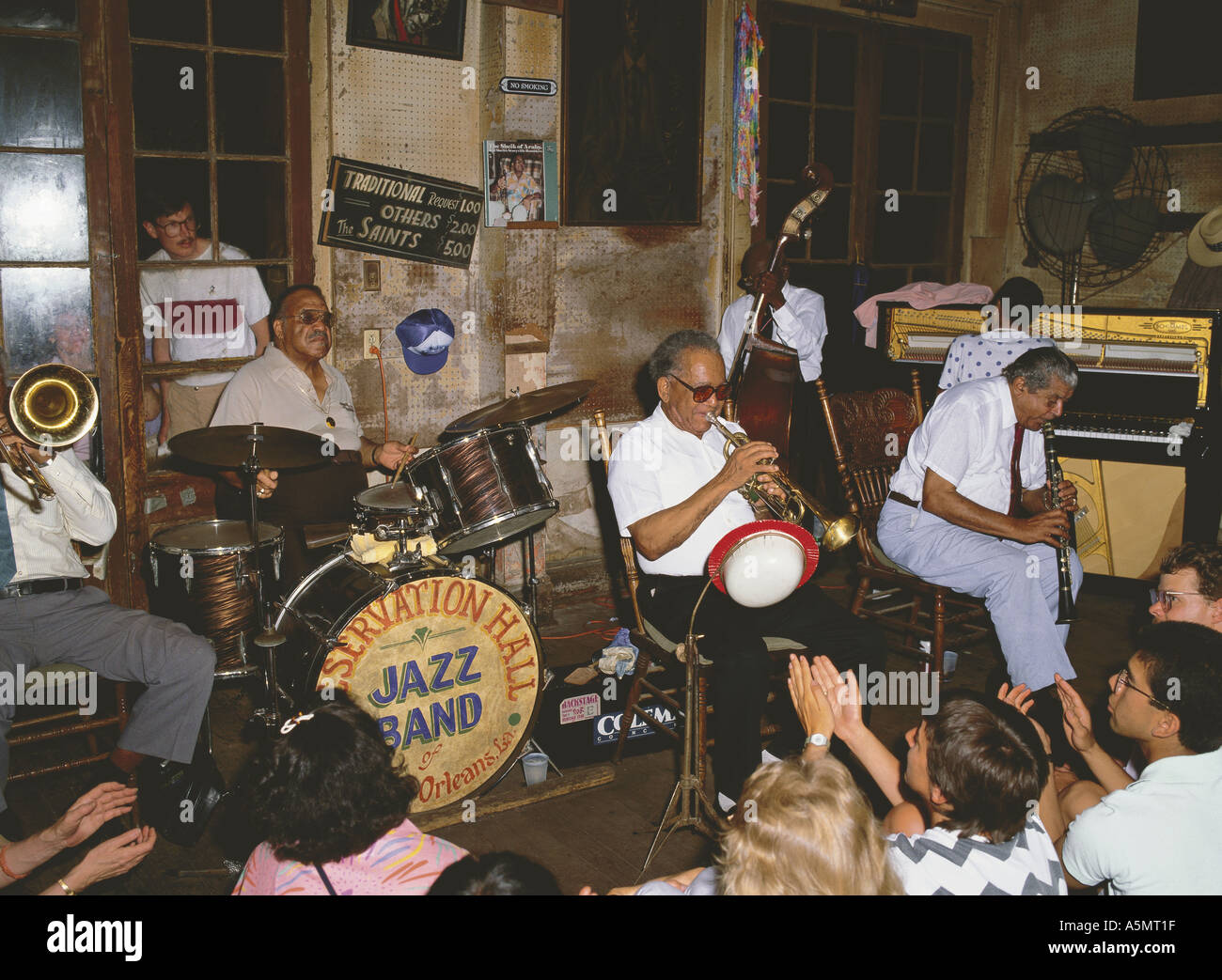 Jazz band playing at historic Preservation Hall on Bourbon Street New Orleans Louisiana USA Stock Photo