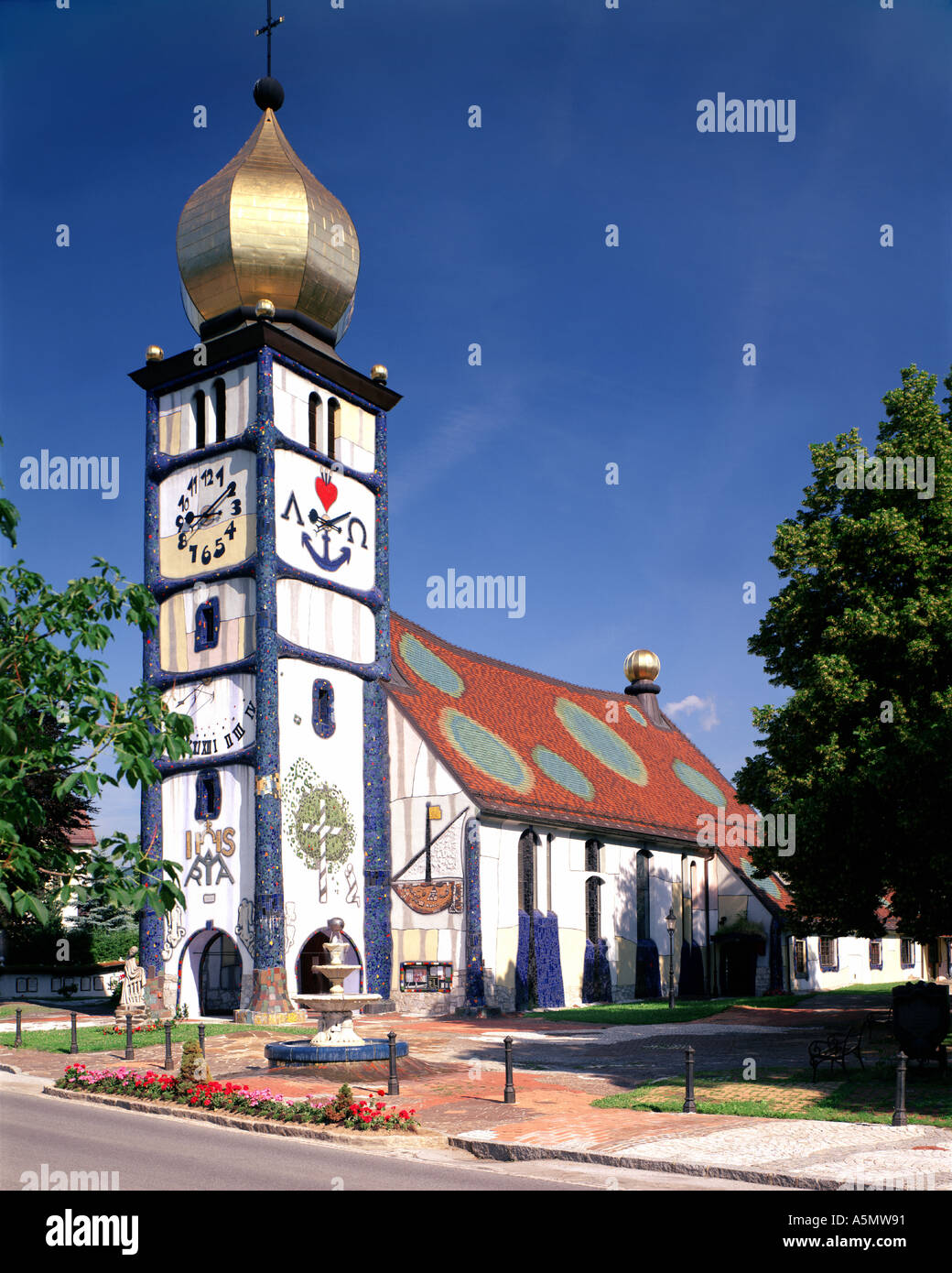 AT - STYRIA: St Barbara Church at Bärnbach by Friedensreich Hundertwasser Stock Photo