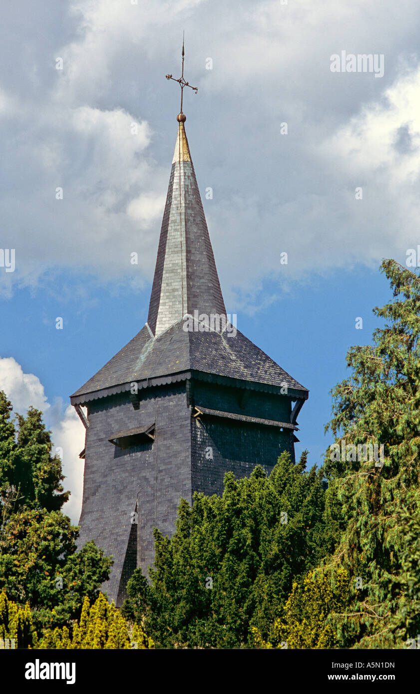 Church spire at Gerberoy in the departement of Oise 60 France One of Les Plus Beaux Villages de France Stock Photo