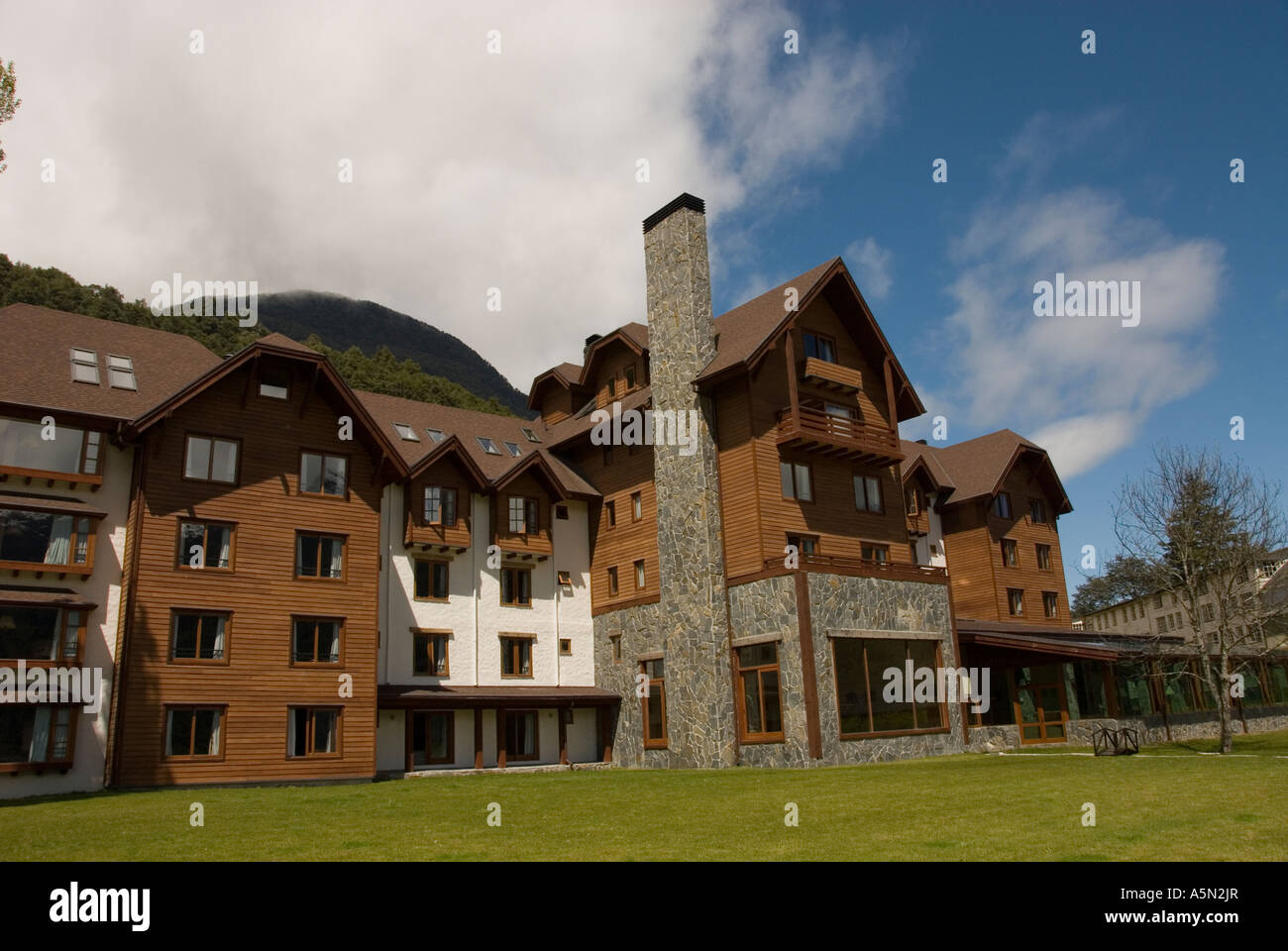 Chile Lake Country Hotel Natura in Peulla scene of fine dining and luxury lodging Stock Photo