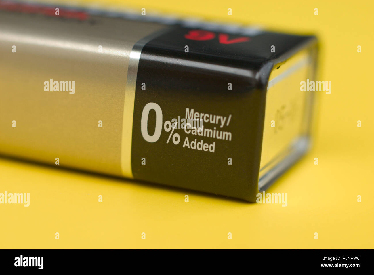 close up of 9V battery with the words 0 mercury/cadmium added Stock