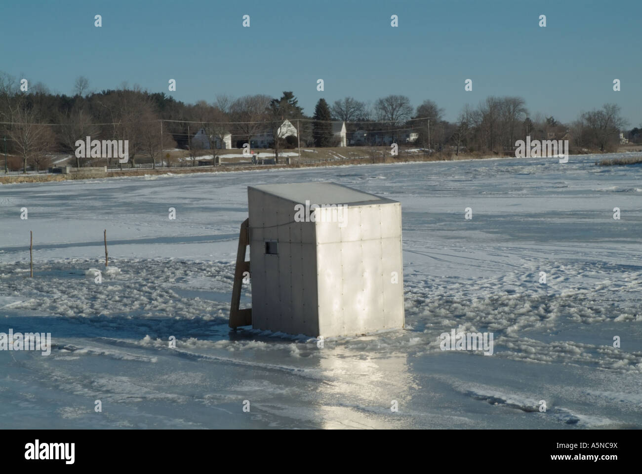 Ice fishing houses on the Squamscott River in downtown Exeter New