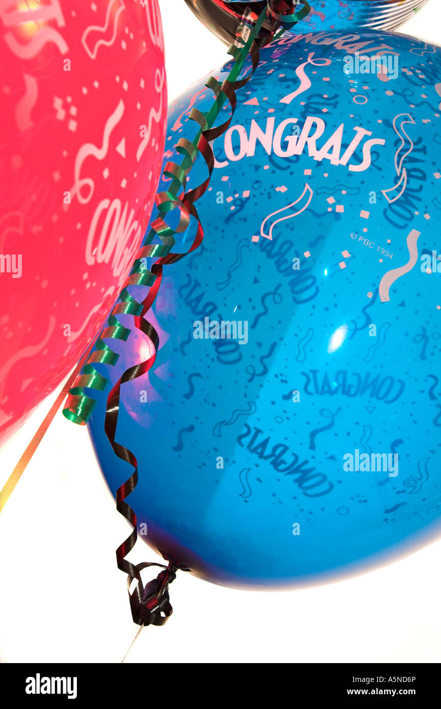 Party Time congratulations vertical Blue and red balloons with ribbon