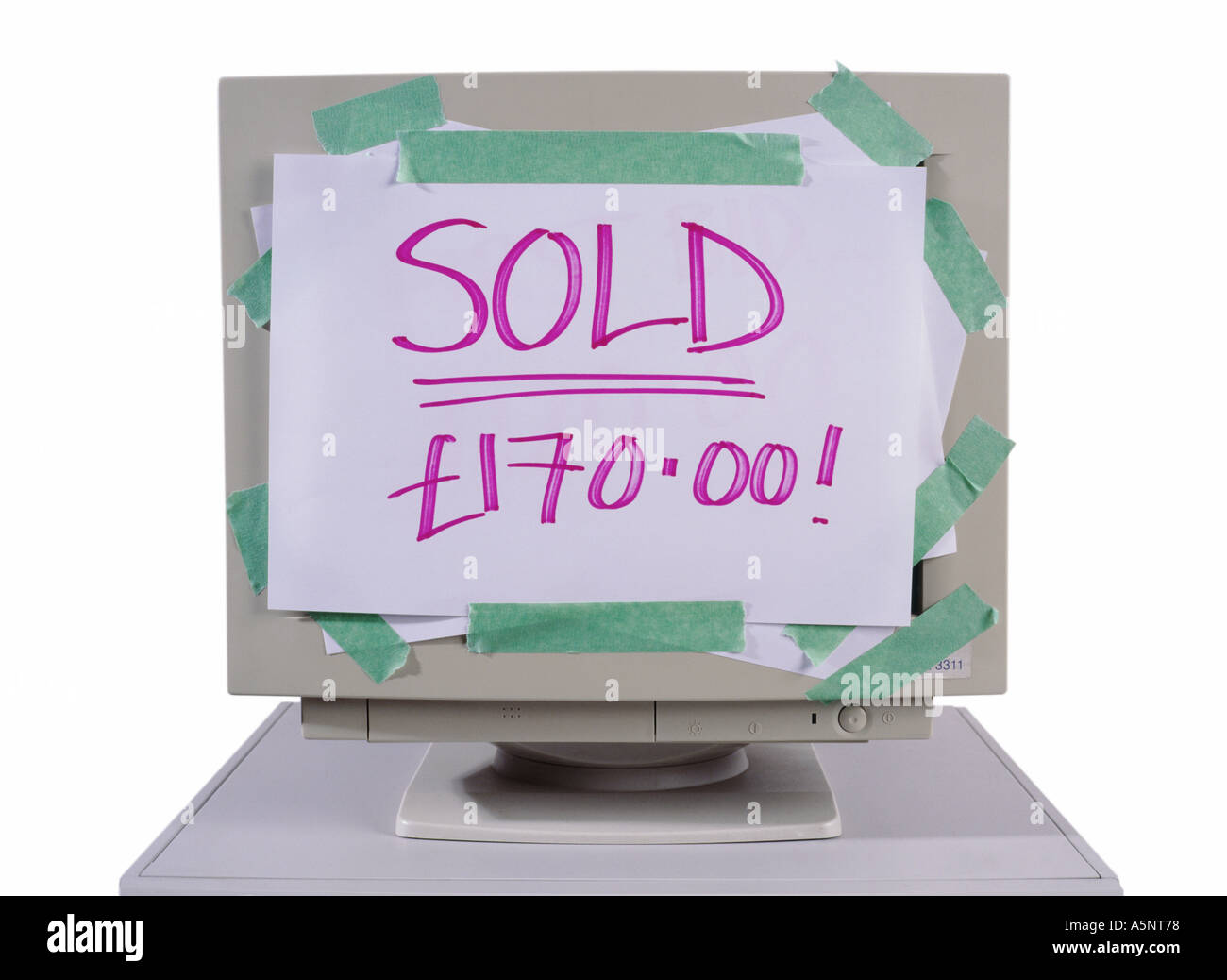 An old computer sold sign Stock Photo