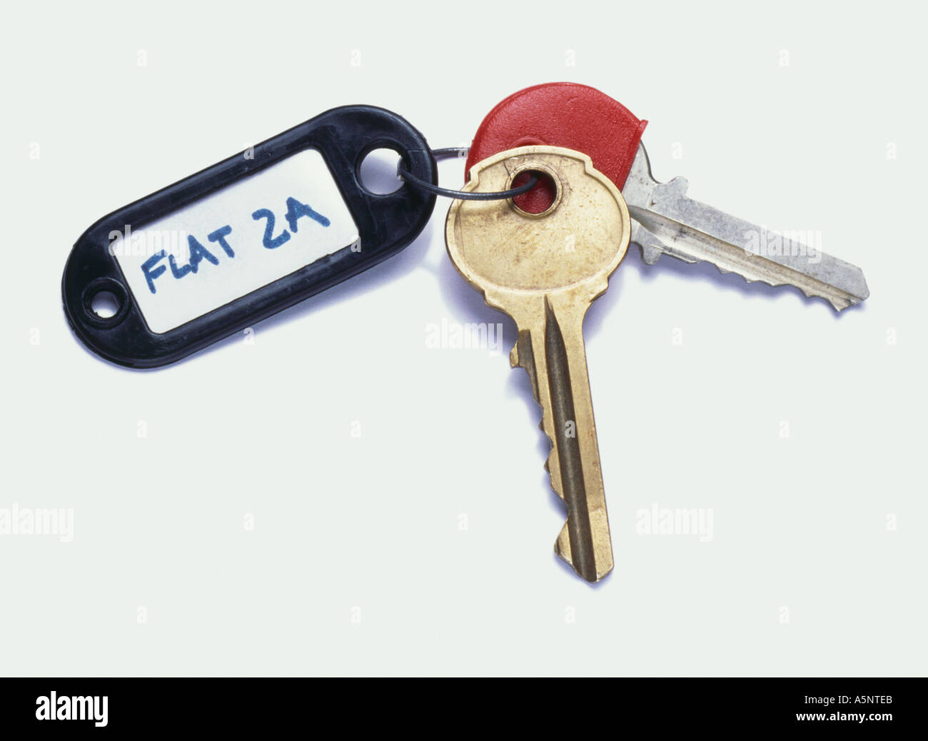 Two keys on a key ring labeled Flat 2A Stock Photo