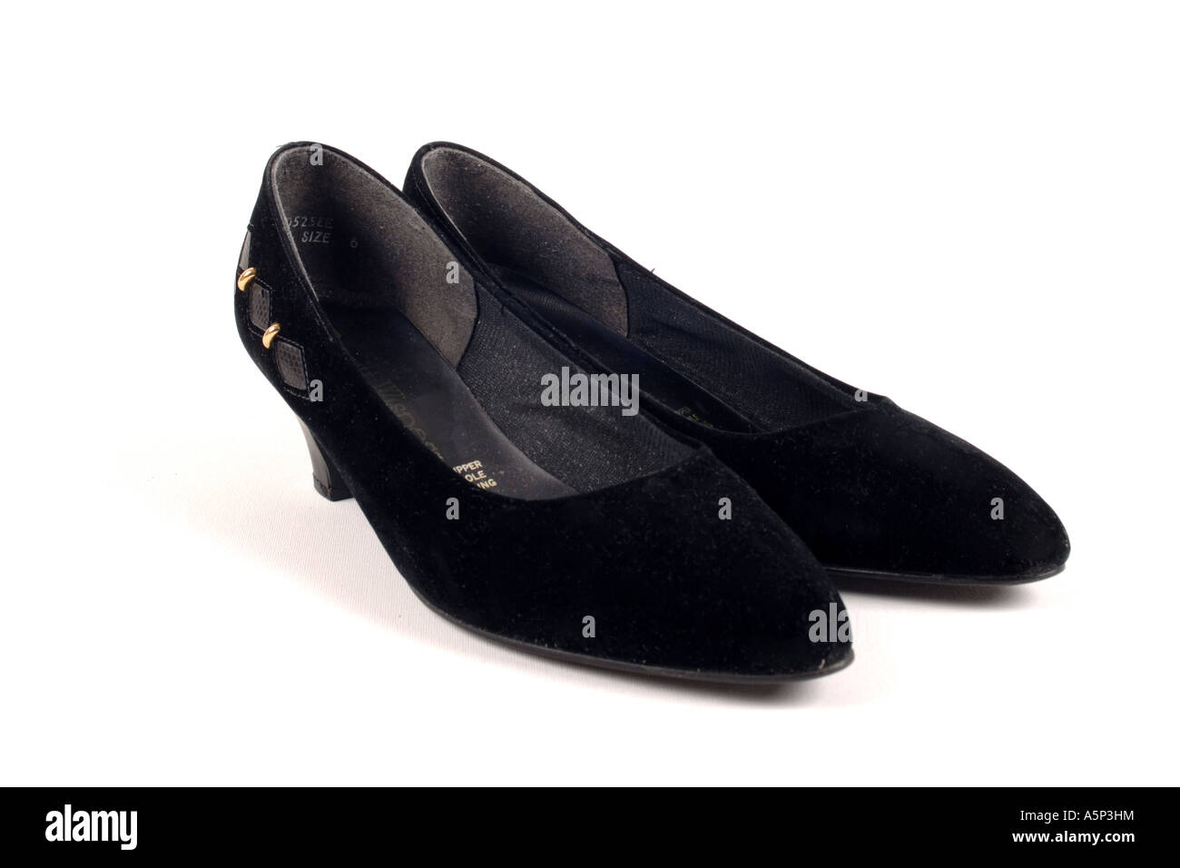 Womens Black suede court shoes. Stock Photo