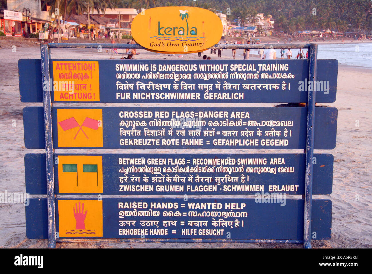 Warning signs on kovalam beach, Kerala, India Stock Photo