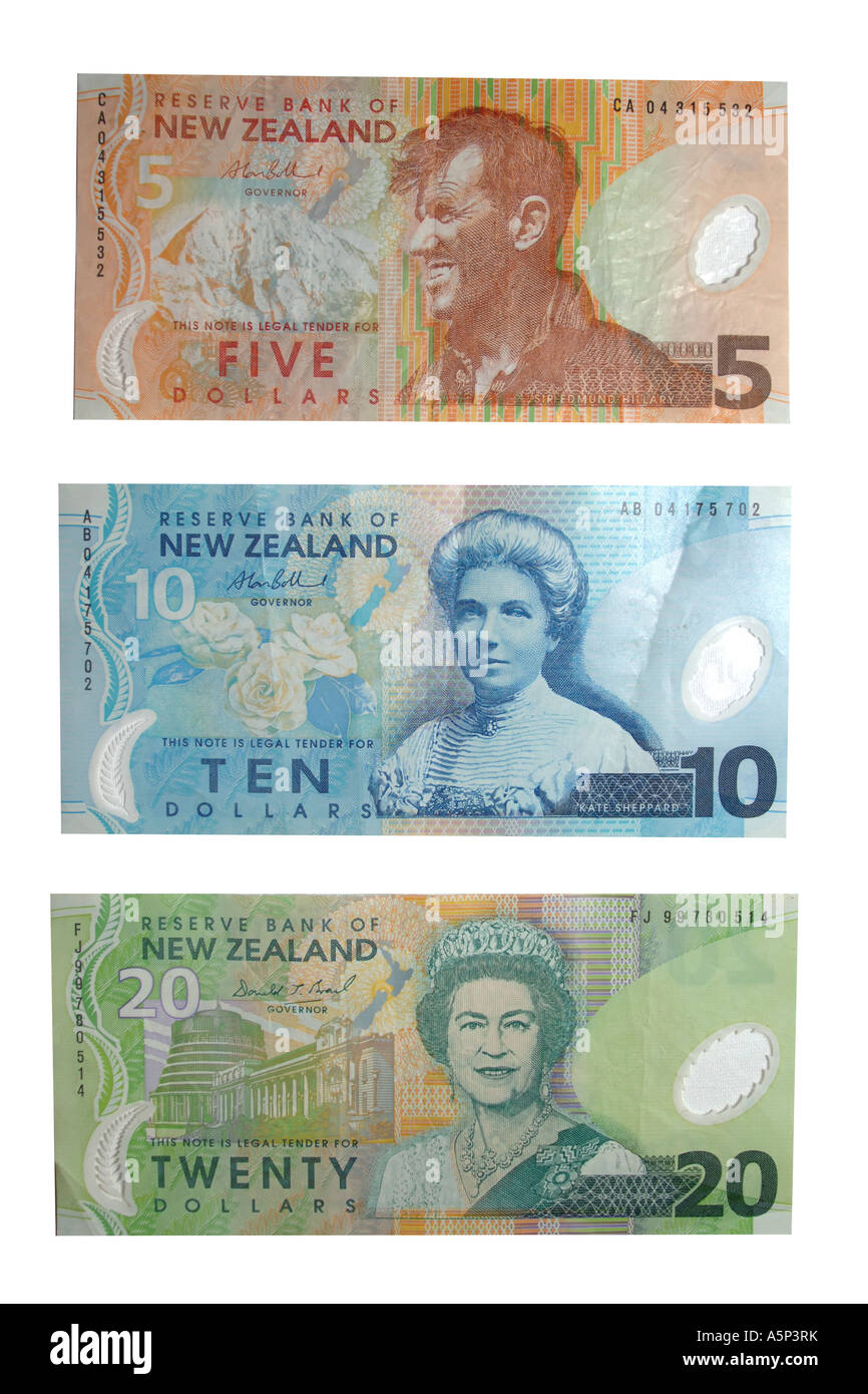 A group of 5 10 and 20 New Zealand dollar notes. Stock Photo