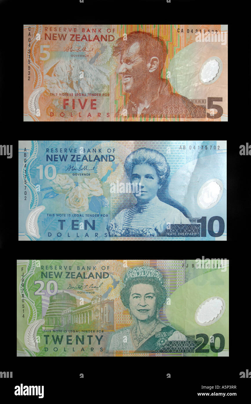A group of 5 10 and 20 New Zealand dollar notes. Stock Photo