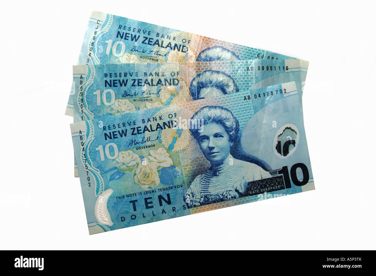 A group of New Zealand 10 dollar notes. Stock Photo