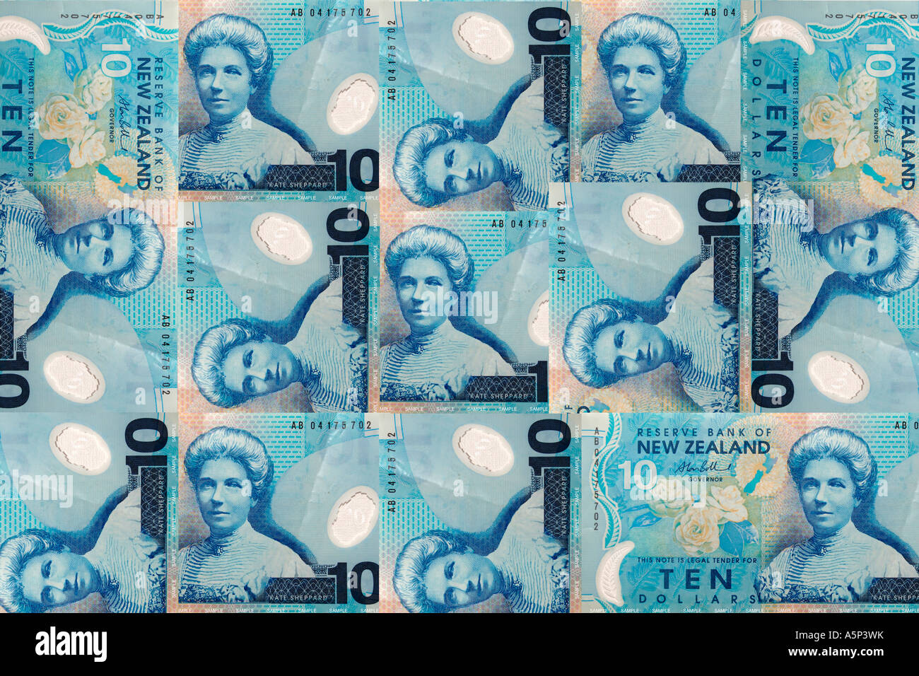 A collage of Kate Sheppard on the New Zealand 10 dollar notes. Stock Photo