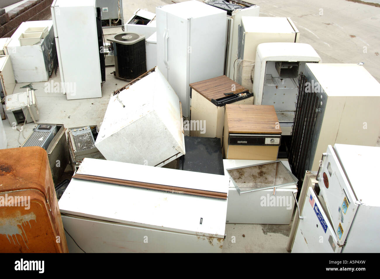 Disused Fridges at a recycling center. Stock Photo