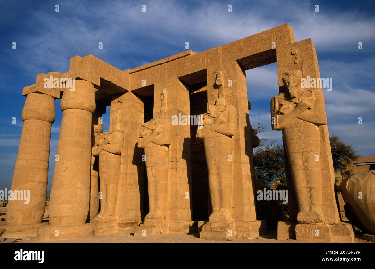 The Ramesseum, temple of Rameses II, Osiris pillars, Ancient Thebes, Luxor, Egypt Stock Photo