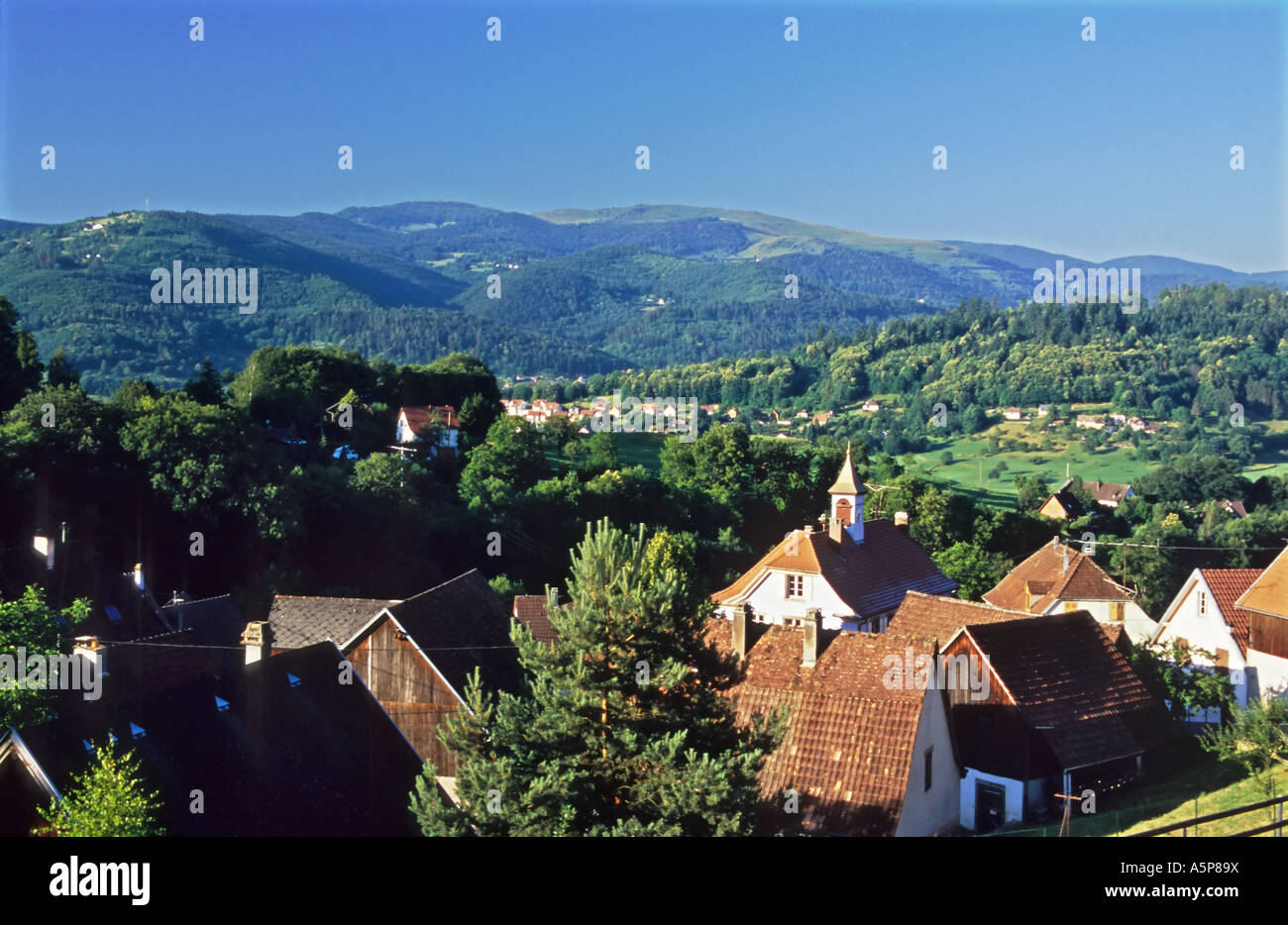 Hohrod village and views over the Munster valley to the petit ballon  mountain in the Massif des Vosges Alsace France Stock Photo - Alamy