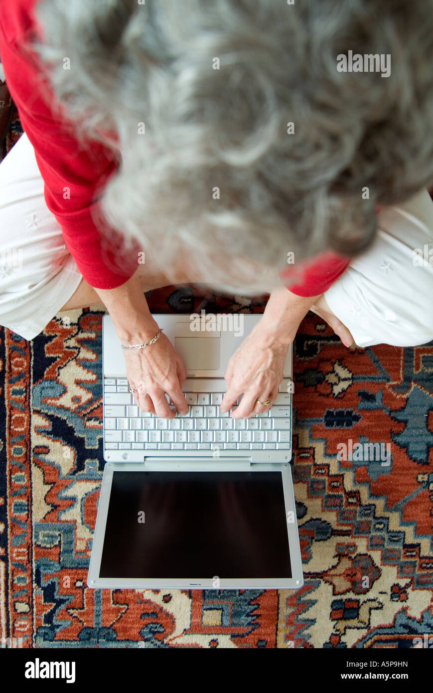 Senior woman  working online with laptop computer. Stock Photo