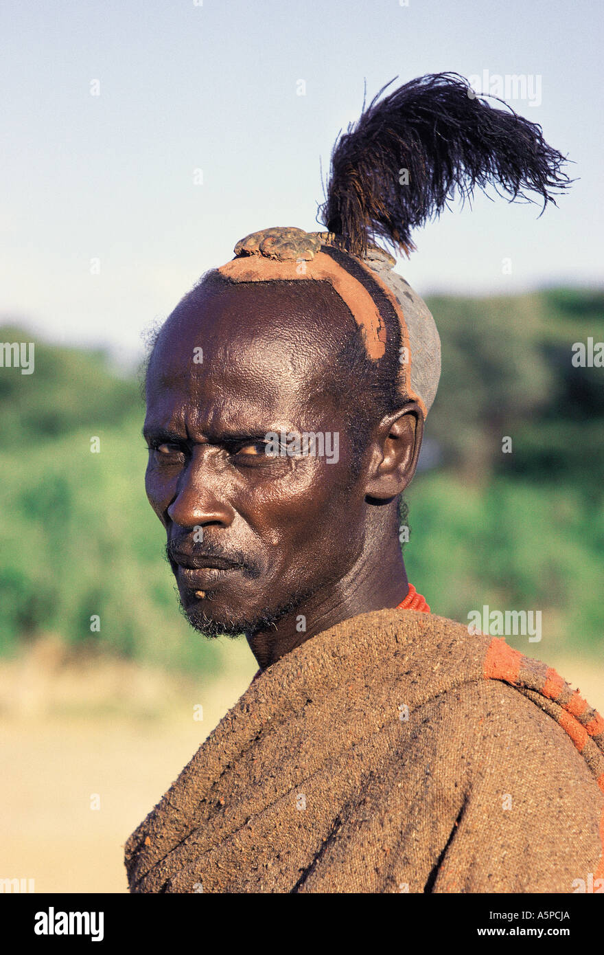 Portrait of Turkana married man with blue clay hairdo northern Kenya East Africa Stock Photo