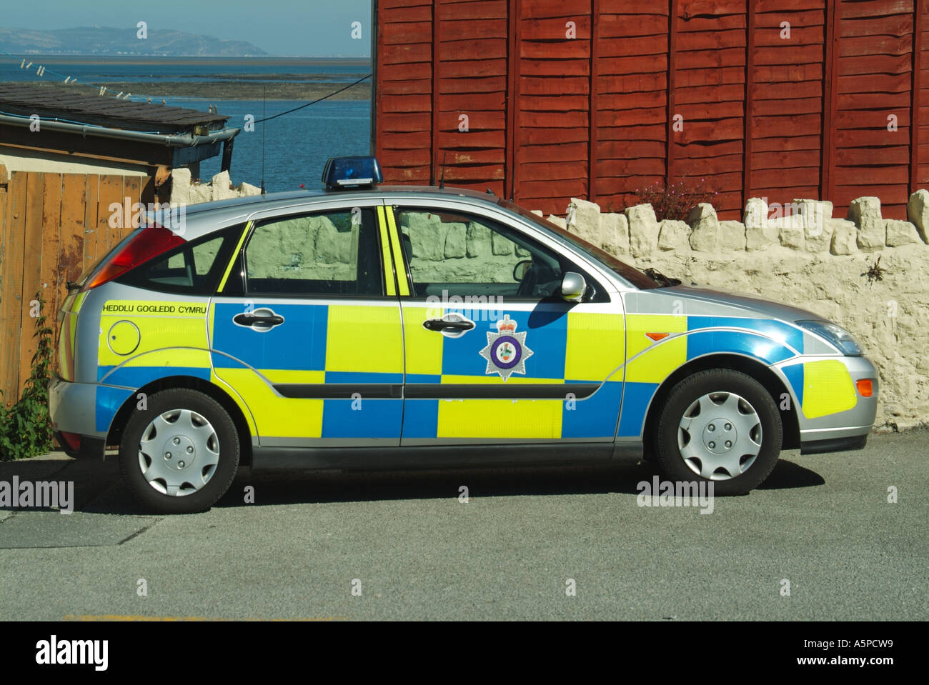 Parked North Wales Welsh police force patrol car in Bangor Gwynedd