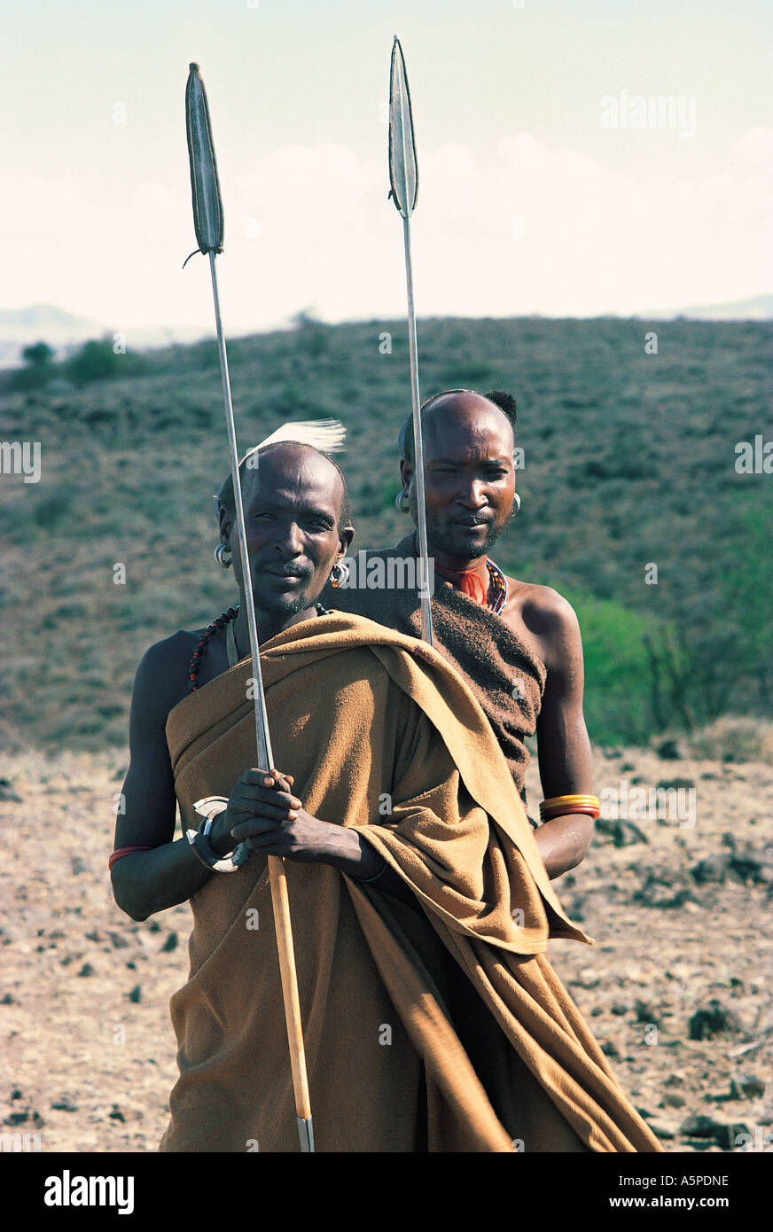Two Turkana warriors with their spears near Baragoi northern Kenya East Africa Stock Photo