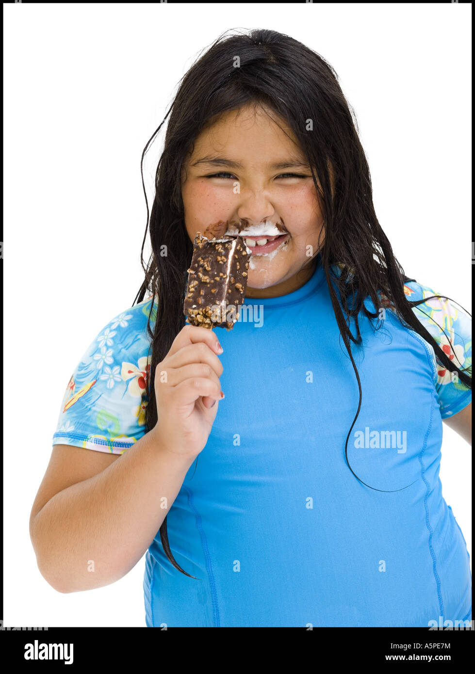 Overweight young girl eating ice cream bar Stock Photo Alamy