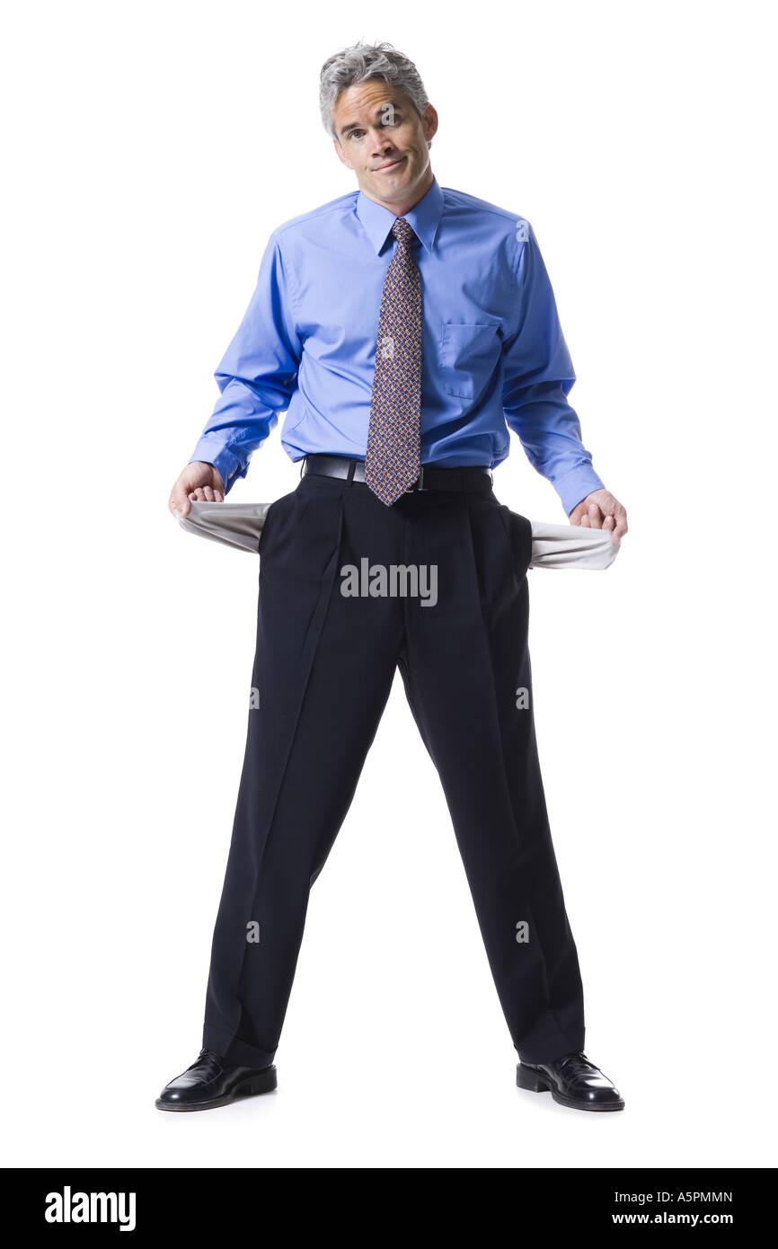 Man with empty pockets inside out Stock Photo Alamy