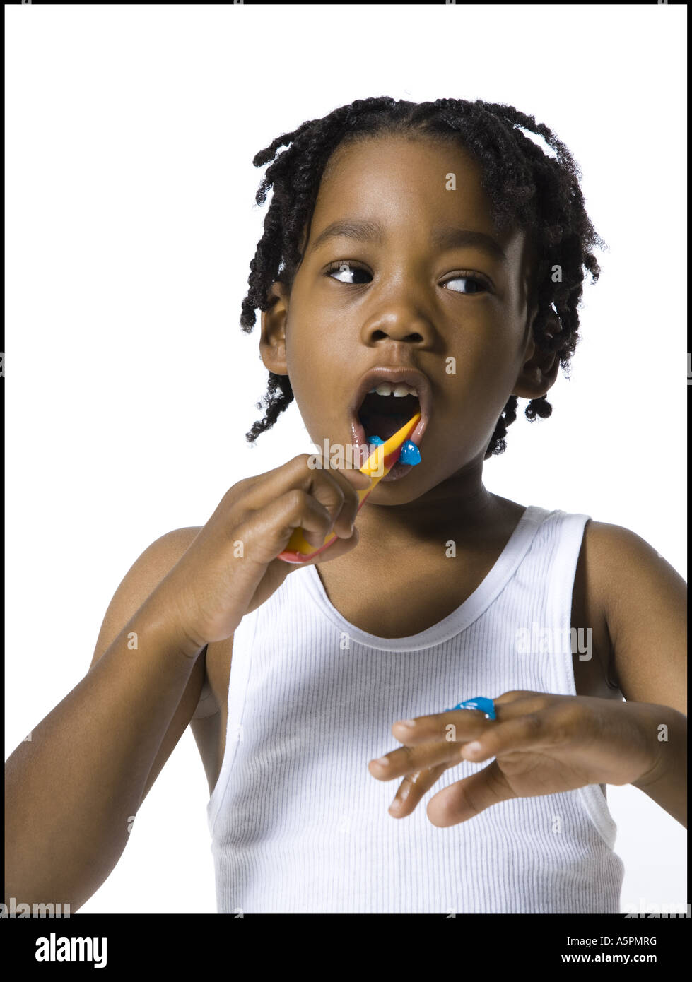African American Boy Brushing Teeth High Resolution Stock Photography
