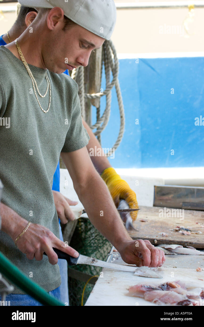 Man cleaning fish caught during charter fishing trip out of Tarpon Springs Florida USA Stock Photo