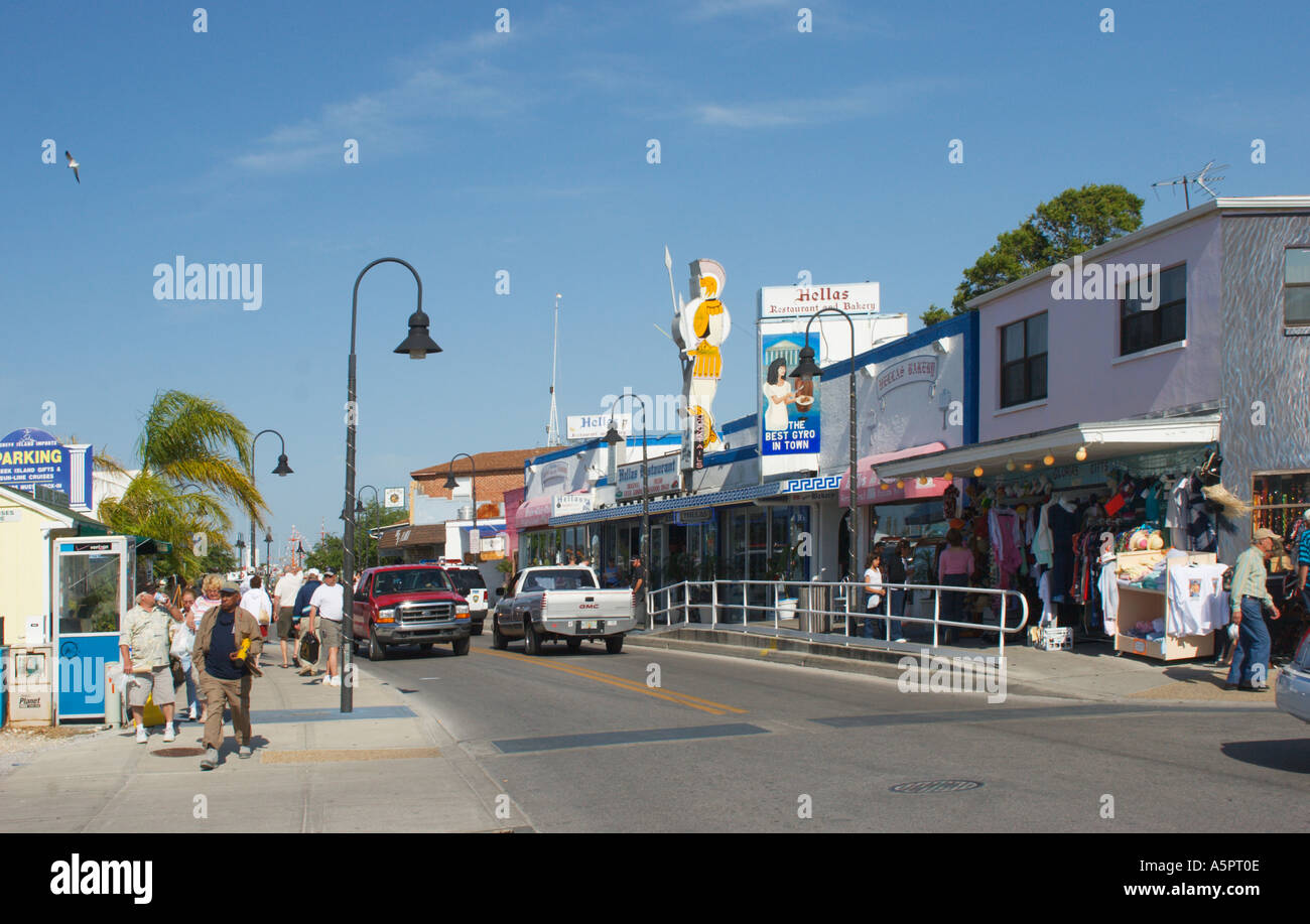 Toruists walking to shops along main street in Tarpon Springs Florida